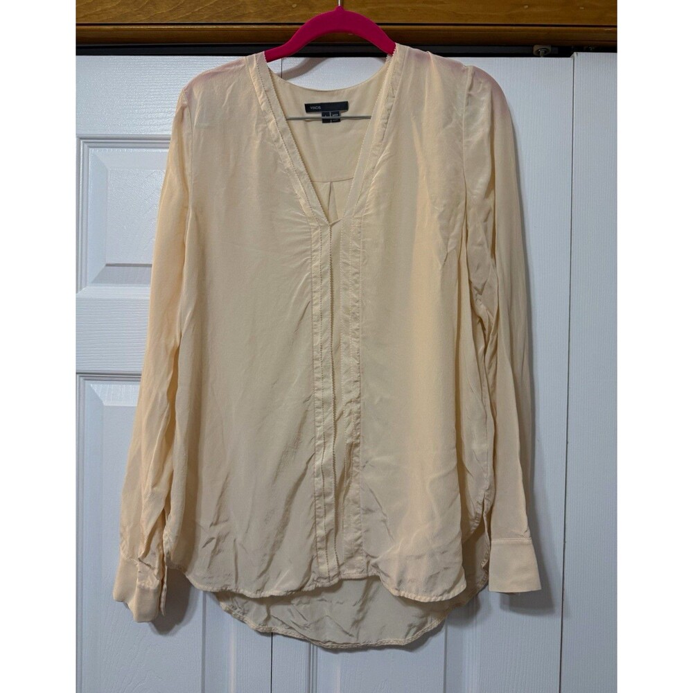 Vince Beige 100% Silk Solid V-Neck Blouse Long Sleeve Button Women’s L